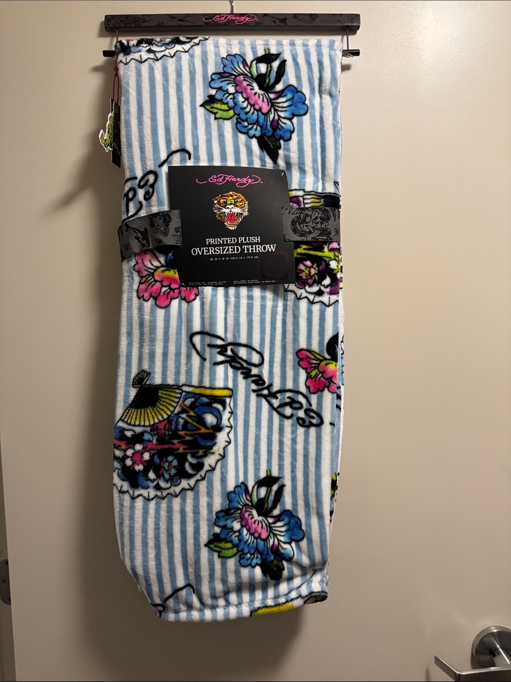 Ed Hardy Blue & White Striped Floral Plush Throw